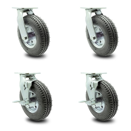 Service Caster 8 Inch Gray Pneumatic Wheel Caster Swivel with Swivel Locks 2 with Brakes, 4PK SCC-100S280-PNB-GRY-BSL-2-TLB-2
